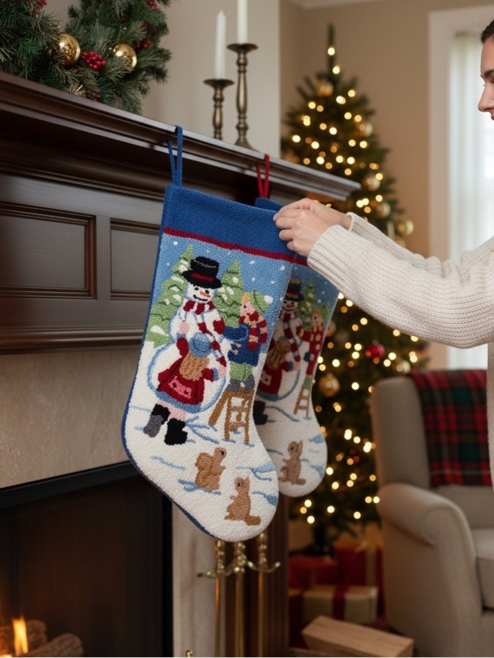Vintage Christmas Stocking Snowman with Kids/Chipmunks Wool EUC